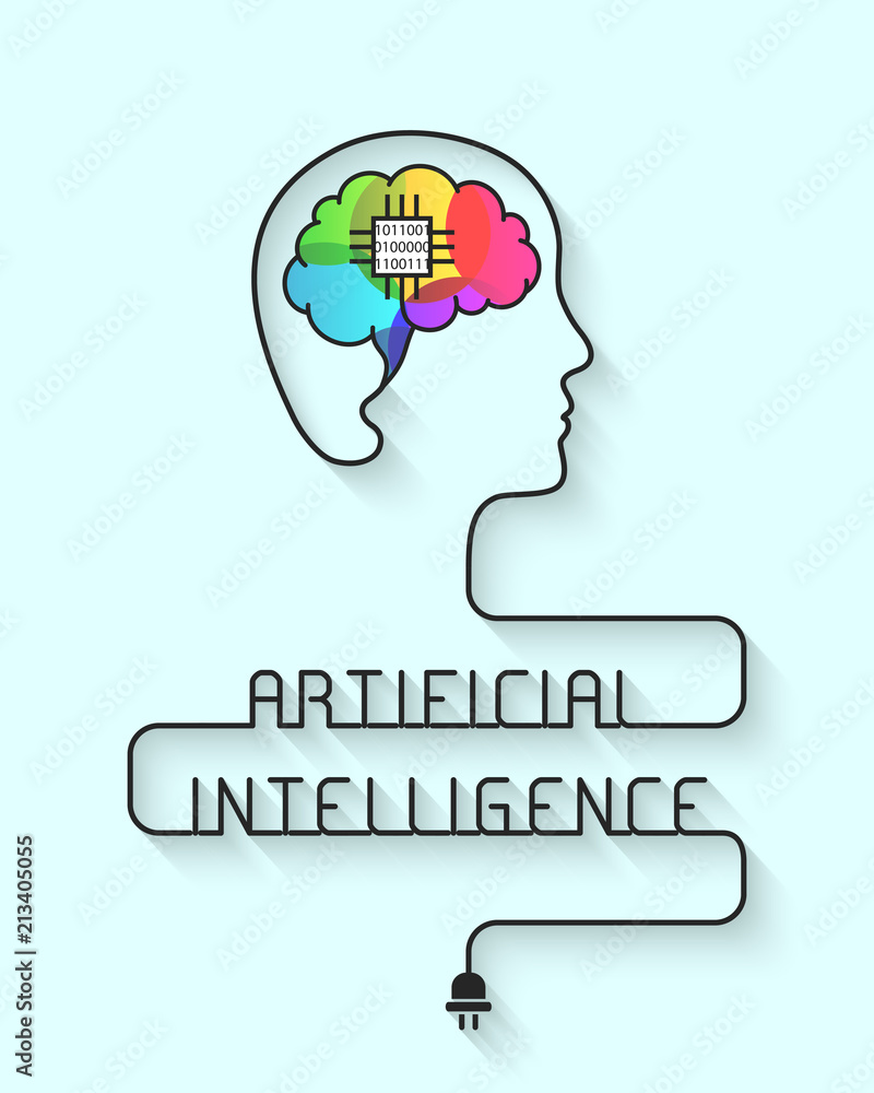 Poster artificial intelligence concept. brain with microchip and wire forming the head and words