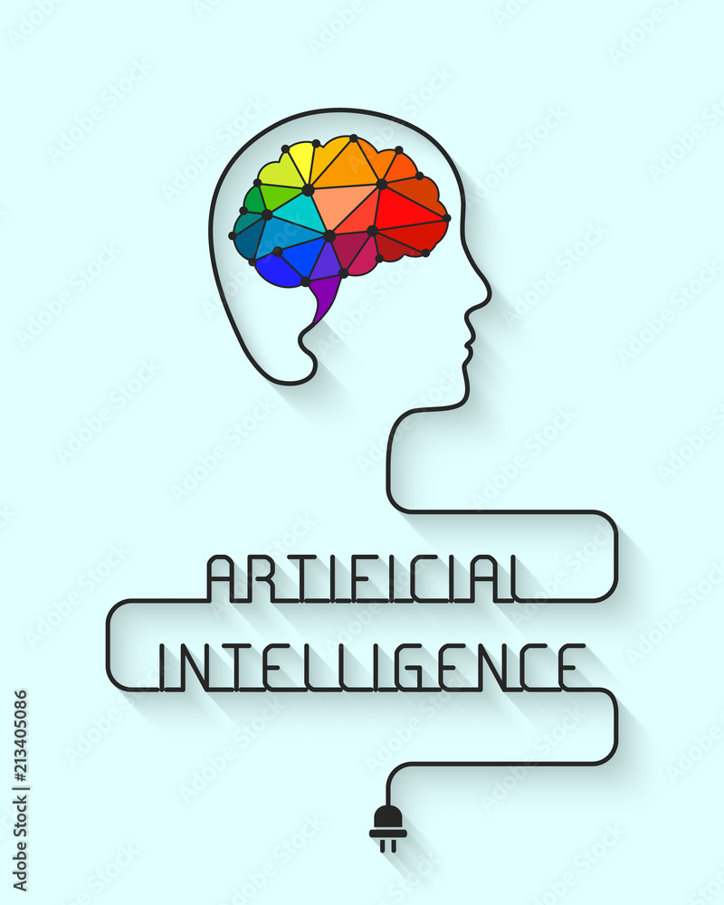 Poster artificial intelligence concept with colorful low poly brain and wire forming the head and words