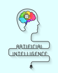 Artificial intelligence concept. Brain with microchip and wire forming the head and words 