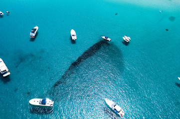 Aerial view of some yachts on an emerald and transparent Mediterranean sea. Gulf of the Great Pevero, Emerard coast (Costa Smeralda), Sardinia, Italy.