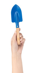 hand holding Steel shovel with a wooden handle isolated on a white background.