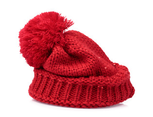 Red Knit Wool Hat with Pom Pom isolated on white background