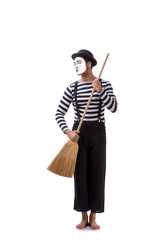 Mime with broom isolated on white background