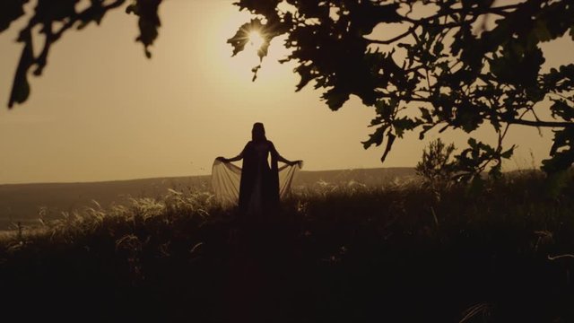 Magical shot of a magical creature walking forward with beautiful sunset on the background. Woman dressed as elf magician on meadow.
