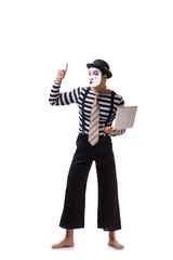Mime with laptop isolated on white background