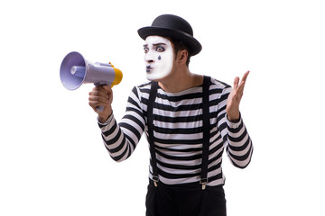 Mime with megaphone isolated on white background