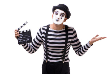 Mime with movie clapperboard isolated on white