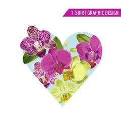 Love Romantic Floral Heart Spring Summer Design with Purple Orchid Flowers for Prints, Fabric, T-shirt, Posters. Tropical Botanical Background for Valentines Day. Vector illustration