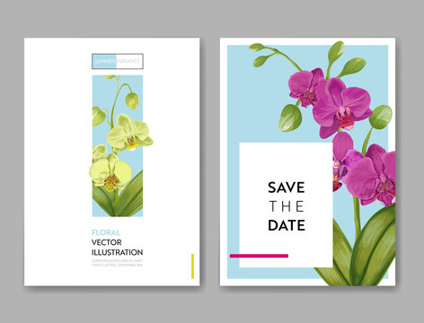 Wedding Invitation Layout Template with Orchid Flowers. Save the Date Floral Card with Exotic Flowers for Party Celebration. Vector illustration