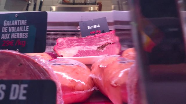 French casher butcher vitrine dolly traveling shot left right 4K