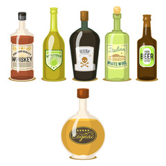 Alcohol strong drinks in bottles cartoon glasses whiskey cognac brandy wine vector illustration