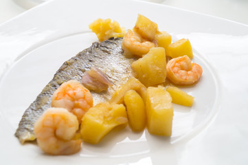 fish dish, shrimp sea bass and potatoes
