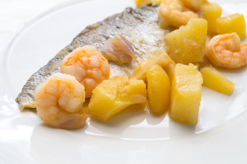 fish dish, shrimp sea bass and potatoes