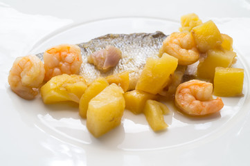 fish dish, shrimp sea bass and potatoes