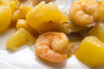 fish dish, shrimp sea bass and potatoes
