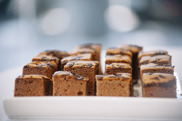 exposition chocolate candies in white tray