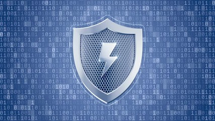 System Under Protection. Metallic shield pictured in techno style on digital background formed from binary code. Motion graphics on the subject of 'Cybersecurity'.