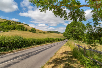 Fototapeta na wymiar A country road in Sussex surrounded by green fields, taken on a sunny summer's day