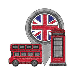 Fototapeta na wymiar london double decker bus telephone box and flag pin location