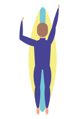 top view man in swimsuit on surfboard