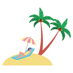 Fototapeta na wymiar woman on deck chair umbrella beach palm