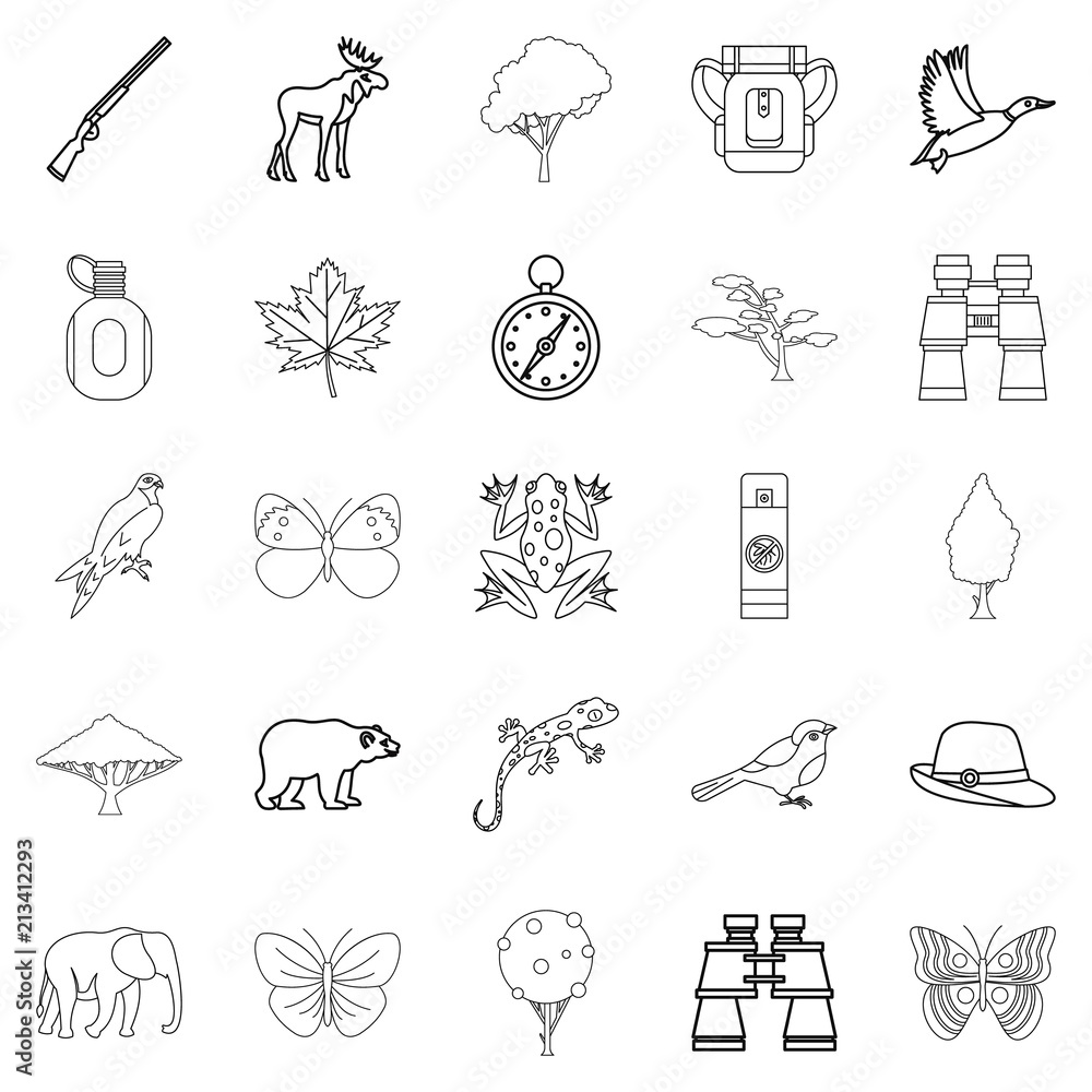 Poster wild territory icons set. outline set of 25 wild territory icons for web isolated on white backgroun