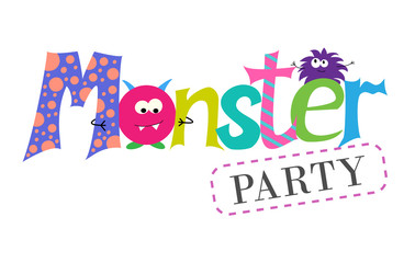 Vector inscription monsters party. Cartoon monsters. Design of cards with monsters