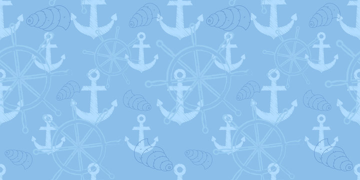 Vector seamless sea pattern with ship's wheel, anchor. Cartoon print. Vector illustration. Scrapbook paper, wrapping paper