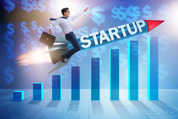 Businessman in start-up concept flying on rocket