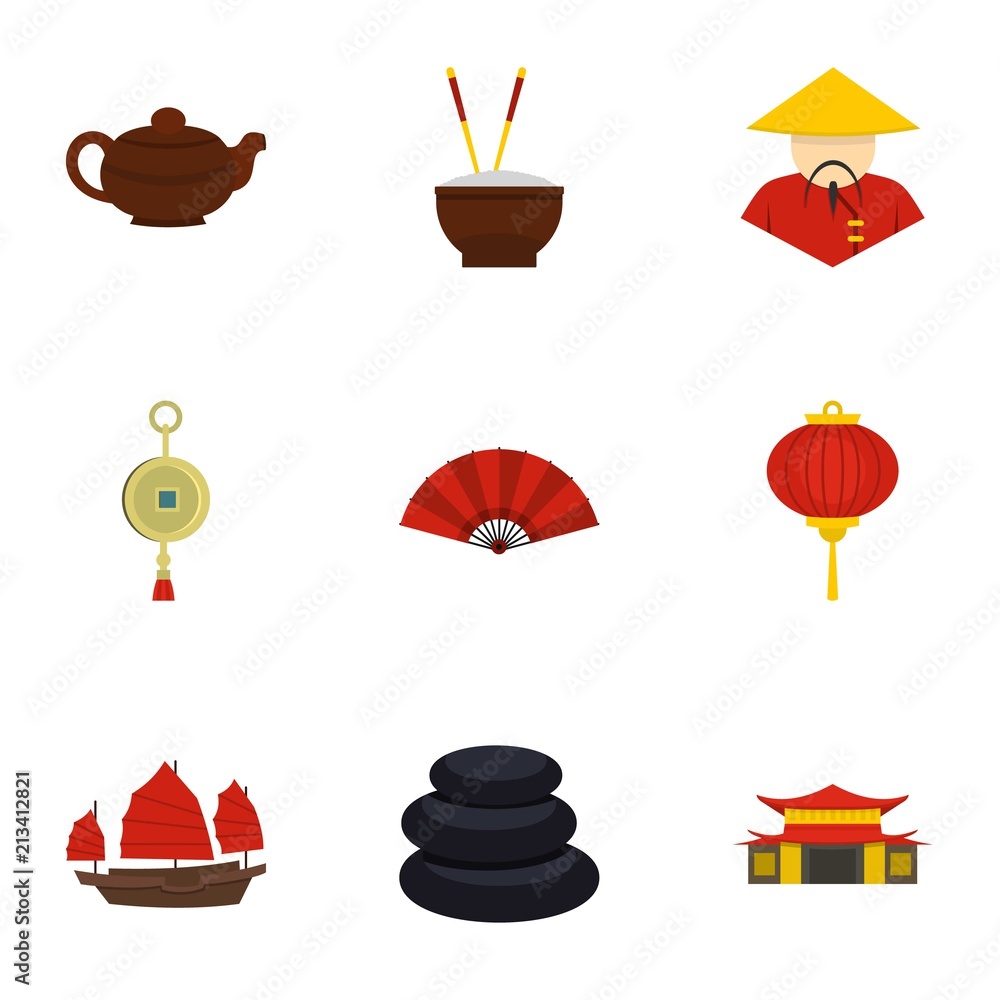 Poster china icon set. flat style set of 9 country of china vector icons for web isolated on white backgrou