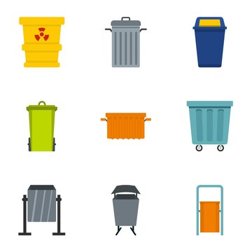 Garbage can icon set. Flat style set of 9 garbage storage vector icons for web isolated on white background