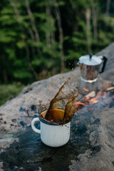 coffee the  outdoors. Adventure, travel, tourism and camping concept. Concept adventure active vacations outdoor. Summer camp