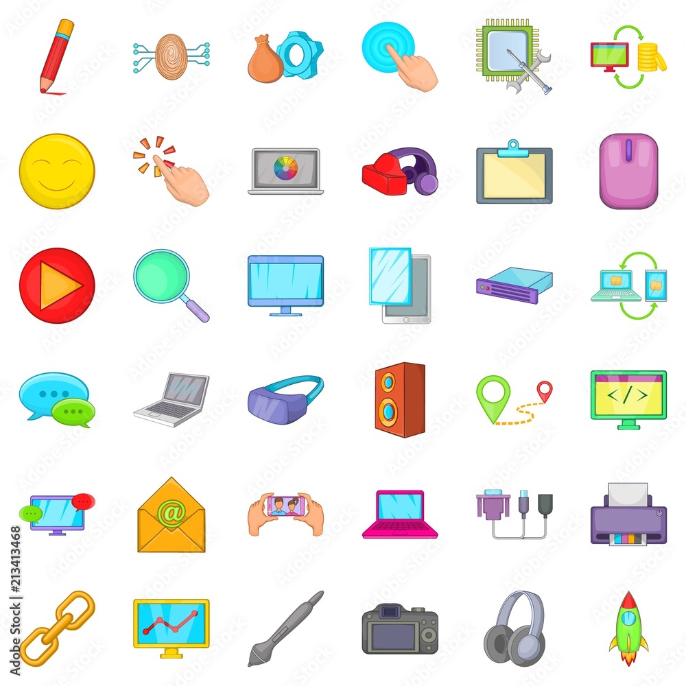 Poster computer network icons set. cartoon style of 36 computer network vector icons for web isolated on wh