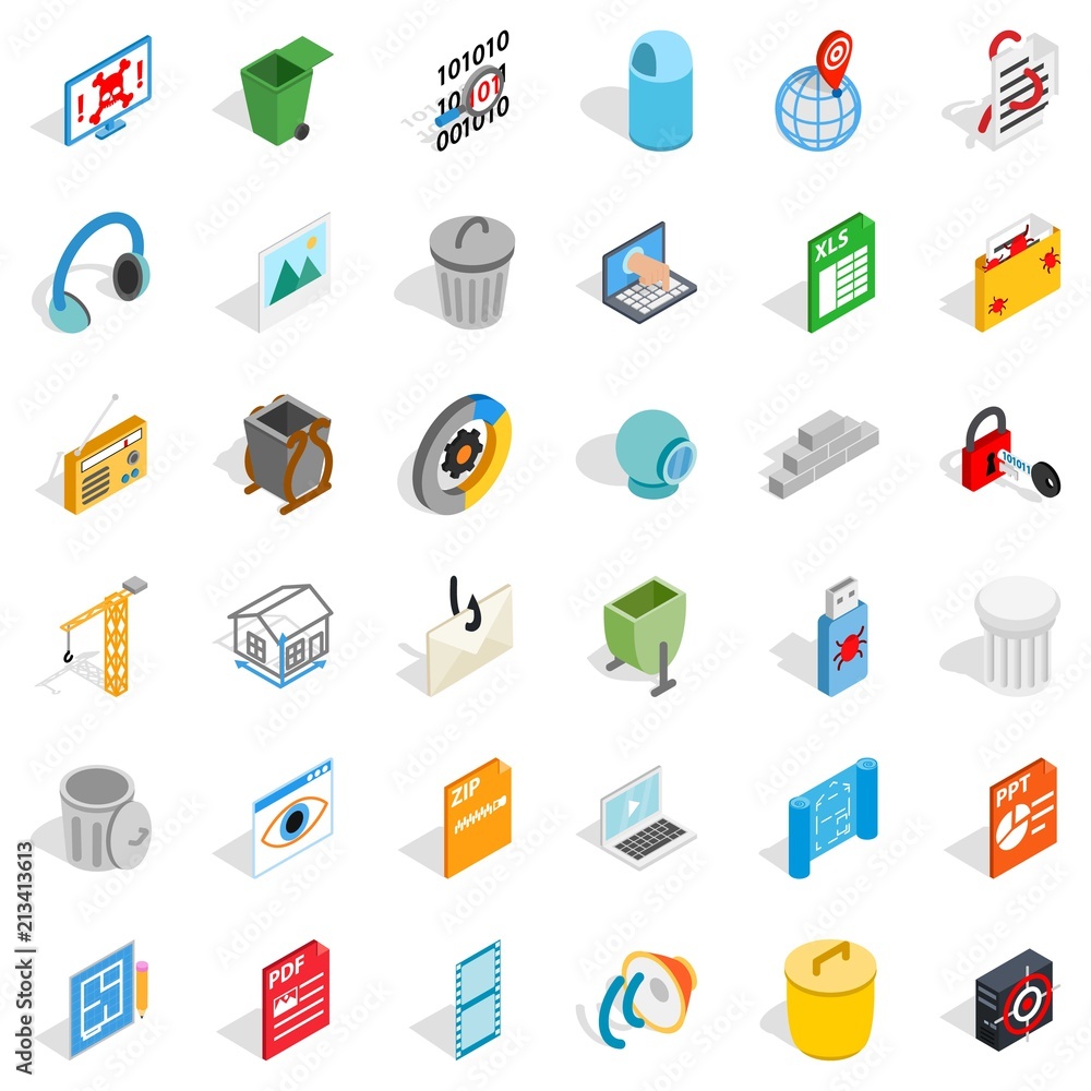 Poster working file icons set. isometric style of 36 working file vector icons for web isolated on white ba