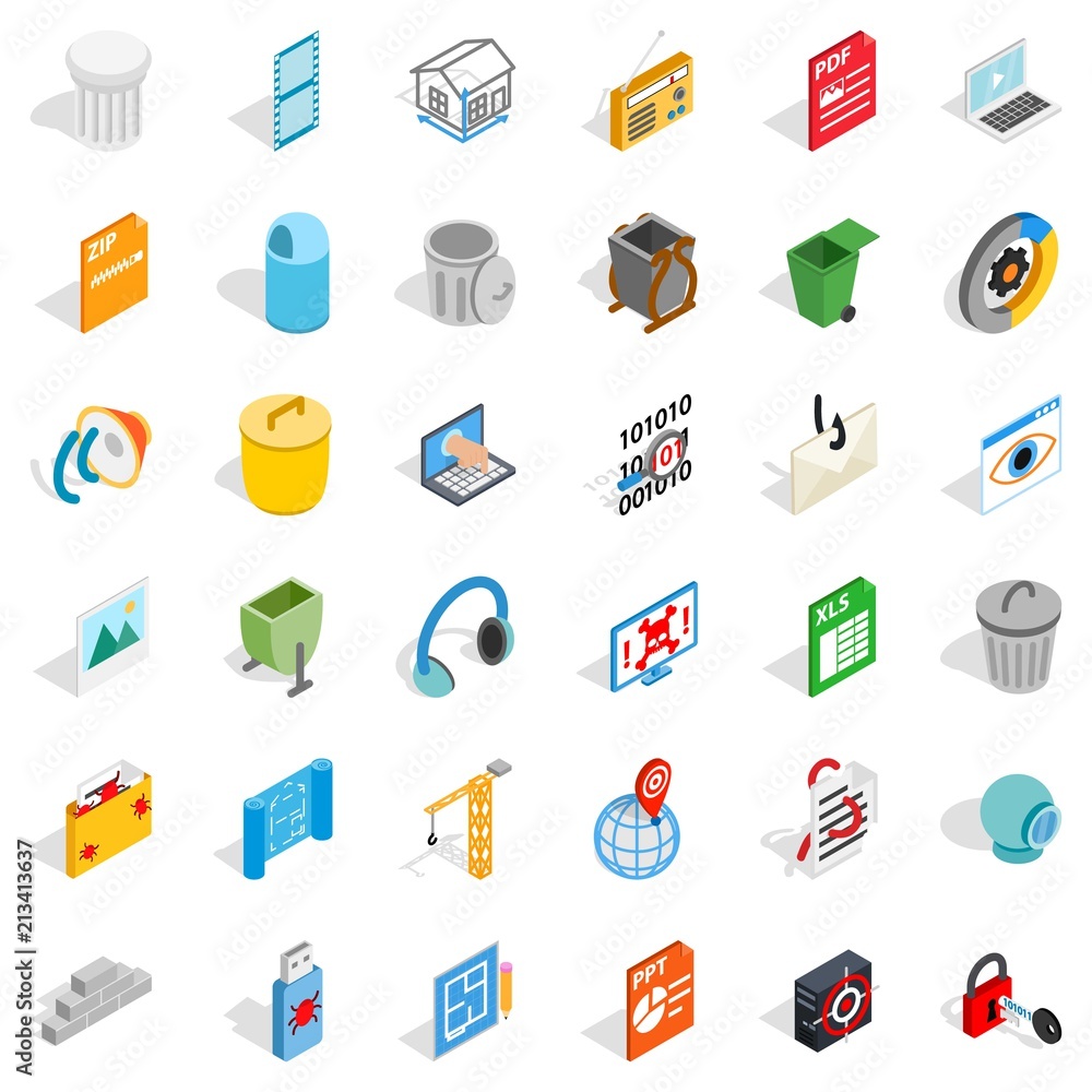 Poster working computer icons set. isometric style of 36 working computer vector icons for web isolated on 
