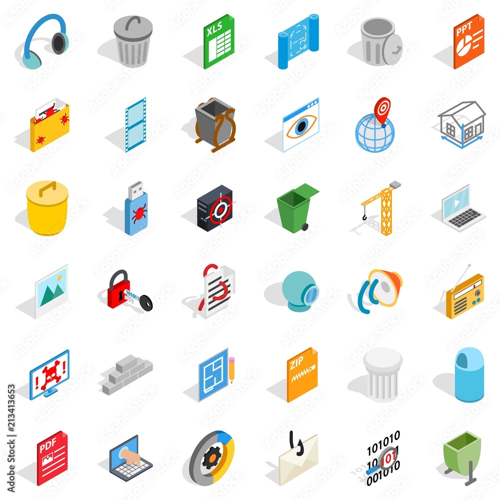 Poster Computer part icons set. Isometric style of 36 computer part vector icons for web isolated on white background