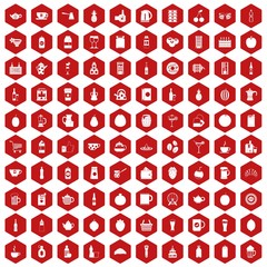 100 beverage icons set in red hexagon isolated vector illustration
