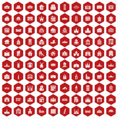 100 building icons set in red hexagon isolated vector illustration