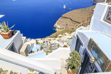 Fira city from streets and sea in Fira, Santorini, Greece
