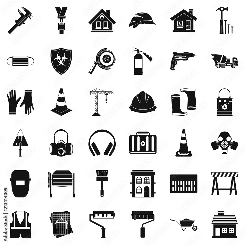 Poster construction production icons set. simple style of 36 construction production vector icons for web i