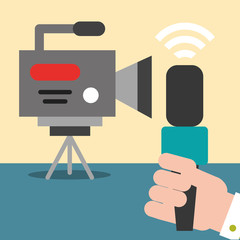 news communication relate camera film interview hand holding microphone signal vector illustration