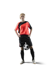 female soccer player isolated on white