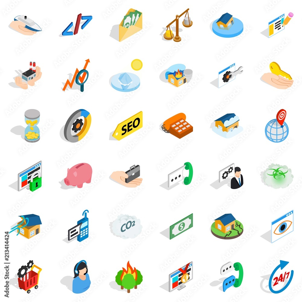 Poster calling phone icons set. isometric style of 36 calling phone vector icons for web isolated on white 