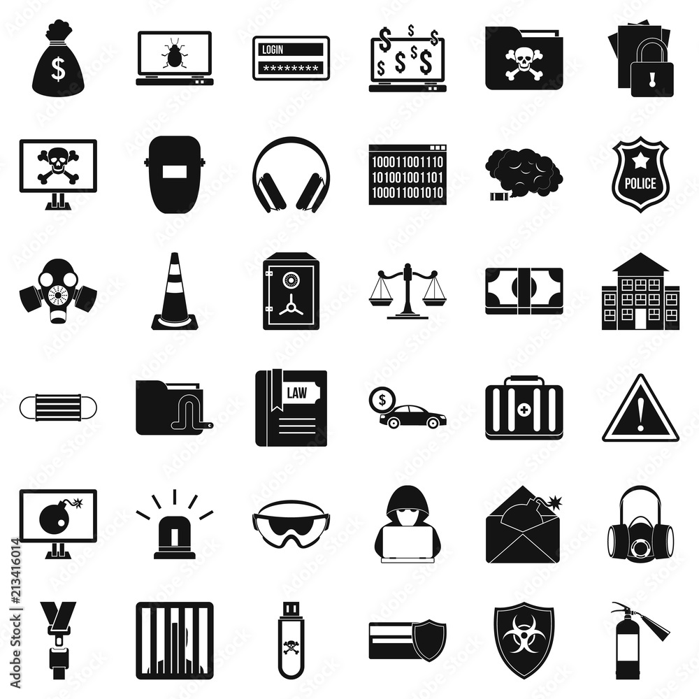 Poster spam virus icons set. simple style of 36 spam virus vector icons for web isolated on white backgroun