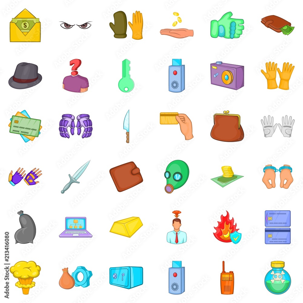 Poster crime and low icons set. cartoon style of 36 crime and low vector icons for web isolated on white ba