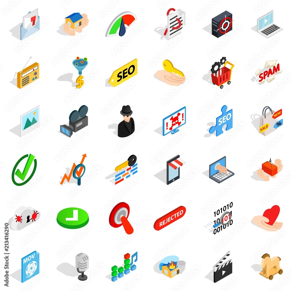 Poster cyber security icons set. isometric style of 36 cyber security vector icons for web isolated on whit