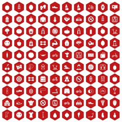 Fototapeta na wymiar 100 fitness icons set in red hexagon isolated vector illustration