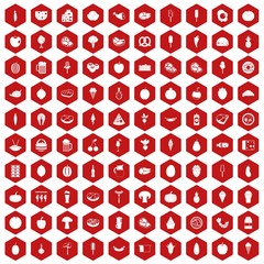 100 food icons set in red hexagon isolated vector illustration