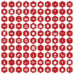 100 grocery shopping icons set in red hexagon isolated vector illustration