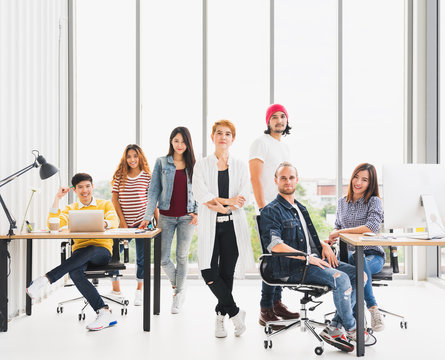 Confident Group Portrait Of Multiethnic Diverse Business Team In Office Meeting, Copy Space. Creative People, Organization Team Building, Mission Vision, Solution Support Service, Or Startup Concept